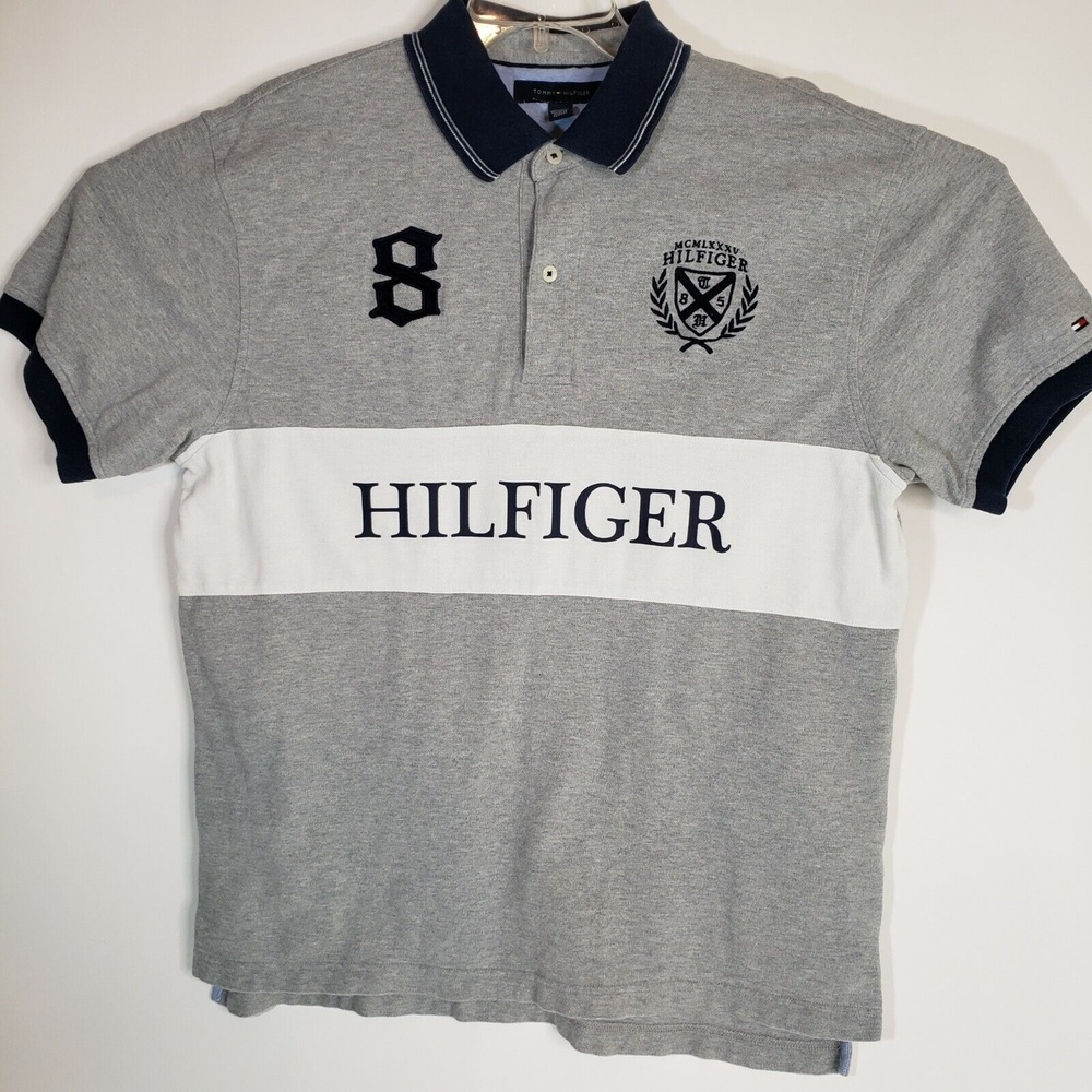 Vintage Men's Y2K Tommy Hilfiger Polo Established 1985 Spell Out Large Gray Blue